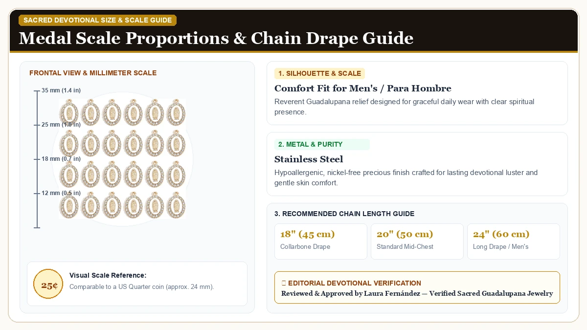 Size and millimeter scale measurement infographic: 60pcs Virgin Mary Charms Miraculous Medal Enamel Alloy Rhinestone in 316L Stainless Steel with chain drape guide