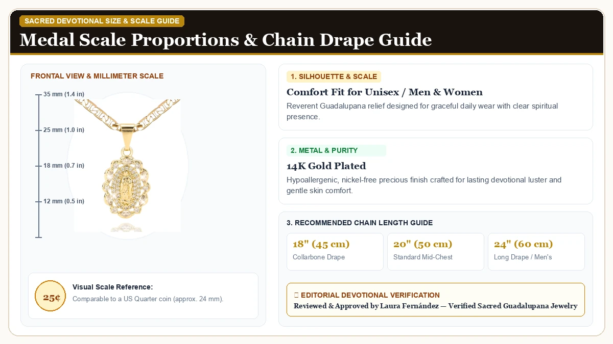 Size and millimeter scale measurement infographic: J&H DiaJuvelo Catholic Virgin Mary Necklace for Women 14K Gold Pl in 14K Gold Plated Brass with chain drape guide