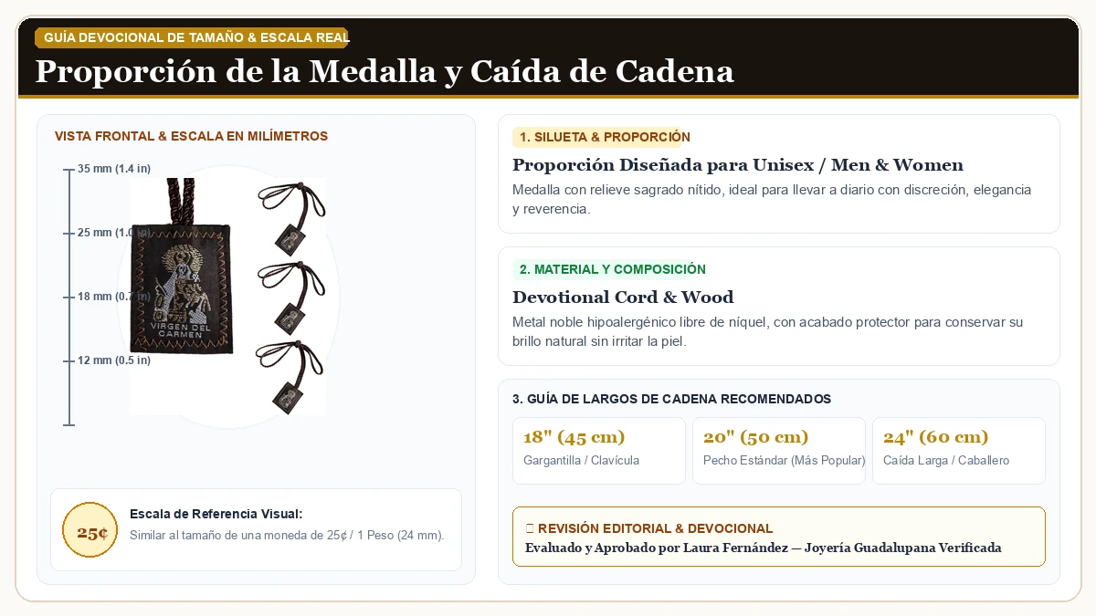 Infografía de escala y medidas en milímetros: 3 Pack Brown Escapulario De La Virgen Del Carmen, Green San Judas en Cordón Devocional y Madera Sagrada con guía de tamaño y largo de cadena