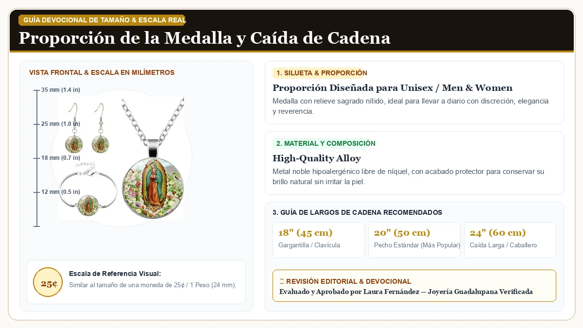 Infografía de escala y medidas en milímetros: WCRAZYE Virgen María Aretes Collar Brazalete Set para Caballero W en Aleación Metálica Resistente Libre de Níquel con guía de tamaño y largo de cadena