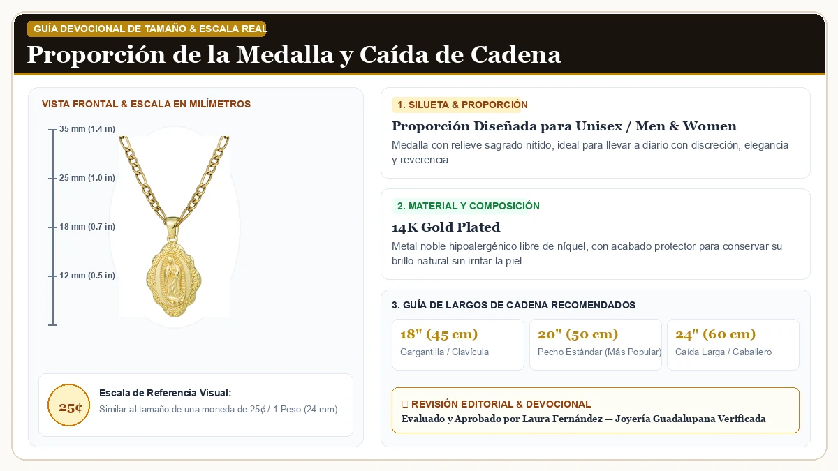Infografía de escala y medidas en milímetros: Virgen María Collar para Dama 14K Oro Plated Virgen de Guadalupe  en Chapa de Oro de 14K de Alta Calidad con guía de tamaño y largo de cadena