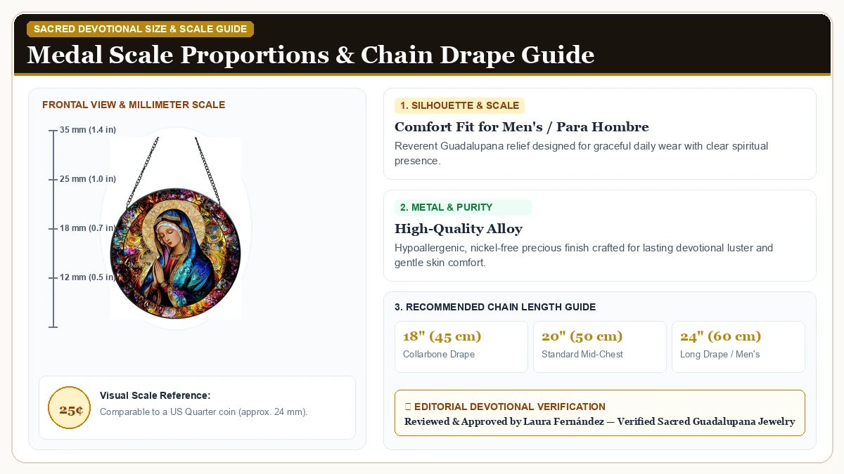 Size and millimeter scale measurement infographic: Suncatcher Stained Glass Window Hanging in Hypoallergenic Metal Alloy with chain drape guide