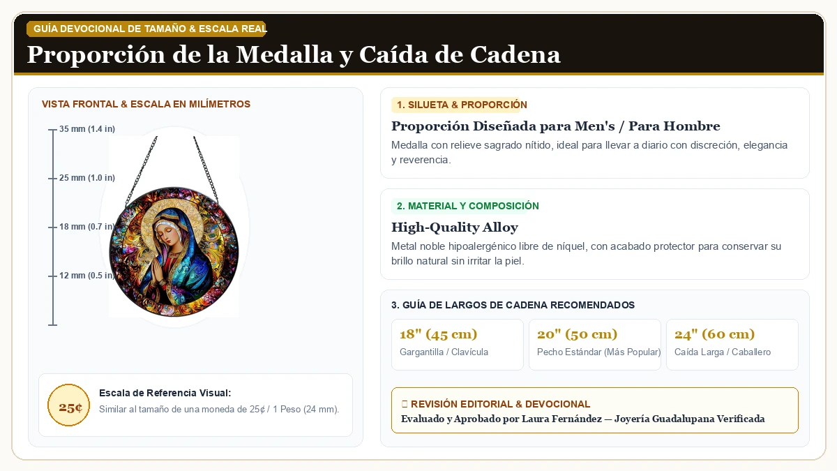Infografía de escala y medidas en milímetros: Suncatcher Stained Glass Window Hanging en Aleación Metálica Resistente Libre de Níquel con guía de tamaño y largo de cadena