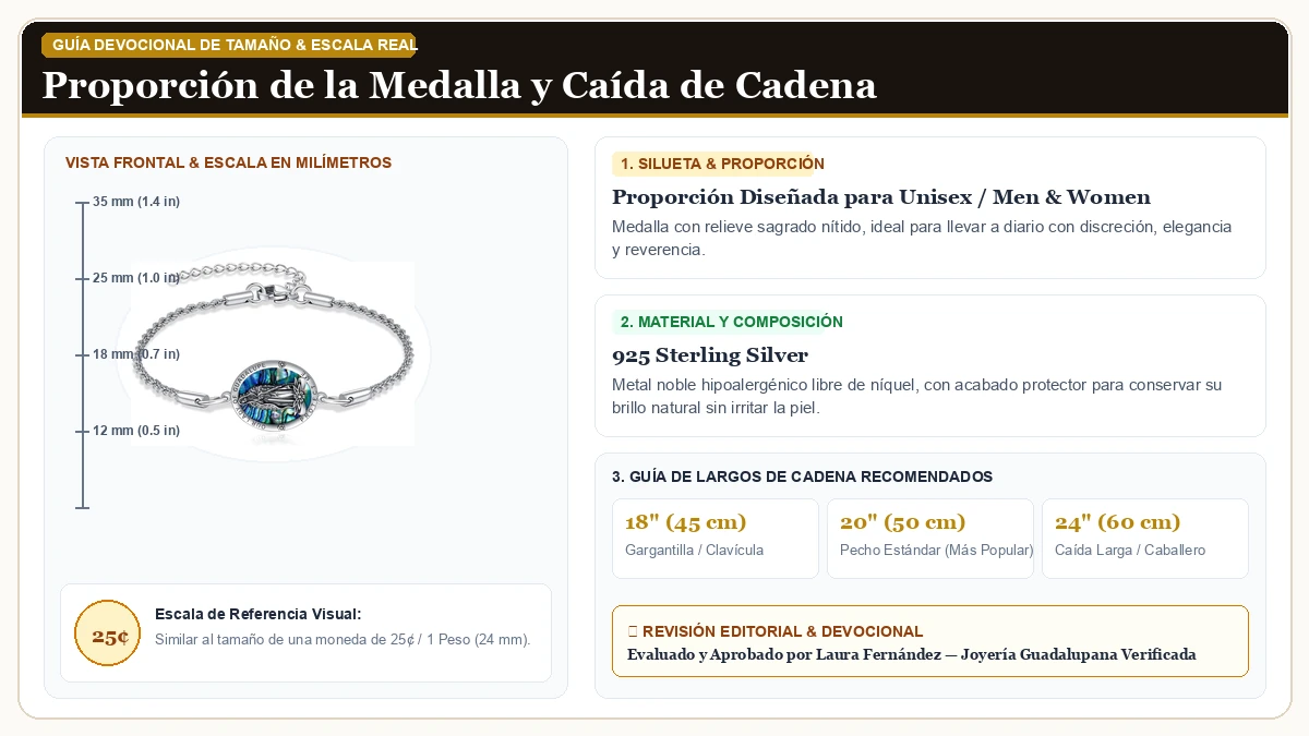 Infografía de escala y medidas en milímetros: URONE Virgen María Brazalete de Ley Plata Virgen De Guadalupe Mot en Plata de Ley 925 Esterlina con guía de tamaño y largo de cadena