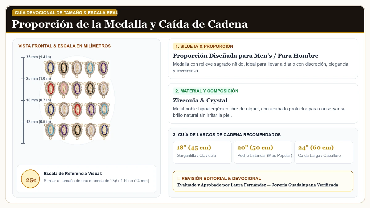 Infografía de escala y medidas en milímetros: COTTVOTT Virgen de Guadalupe Maria Medalla for DIY Joyería Collar en Circonias Cúbicas Brillantes con guía de tamaño y largo de cadena