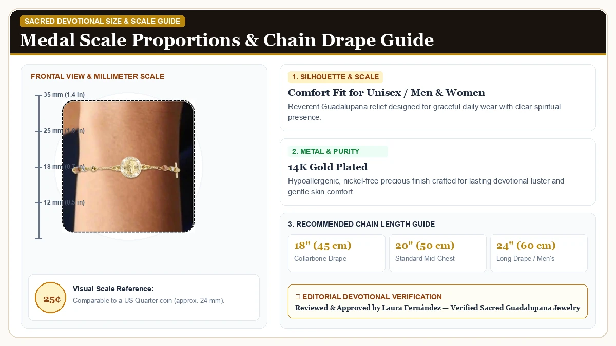 Size and millimeter scale measurement infographic: J&H DiaJuvelo Catholic Rosary Bracelet for Women 14K Gold Virgin  in 14K Gold Plated Brass with chain drape guide