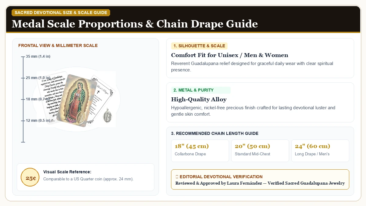 Size and millimeter scale measurement infographic: Our Lady of Guadalupe Medal in Hypoallergenic Metal Alloy with chain drape guide