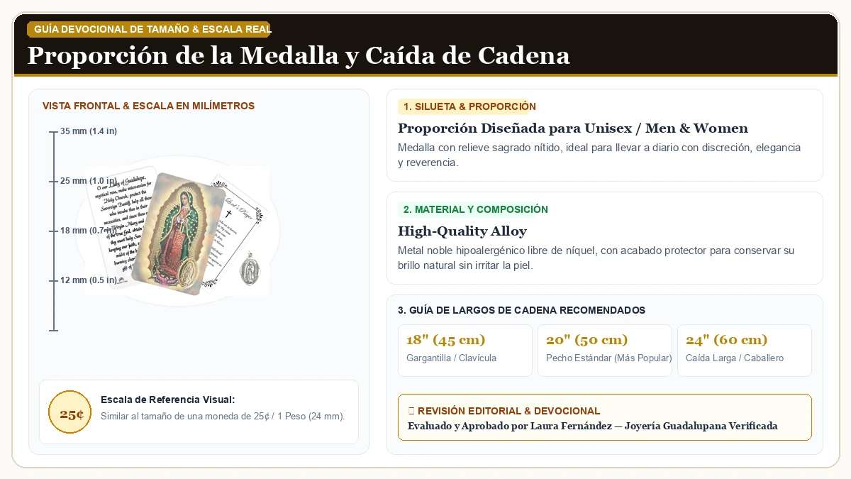 Infografía de escala y medidas en milímetros: Virgen de Guadalupe Medalla en Aleación Metálica Resistente Libre de Níquel con guía de tamaño y largo de cadena