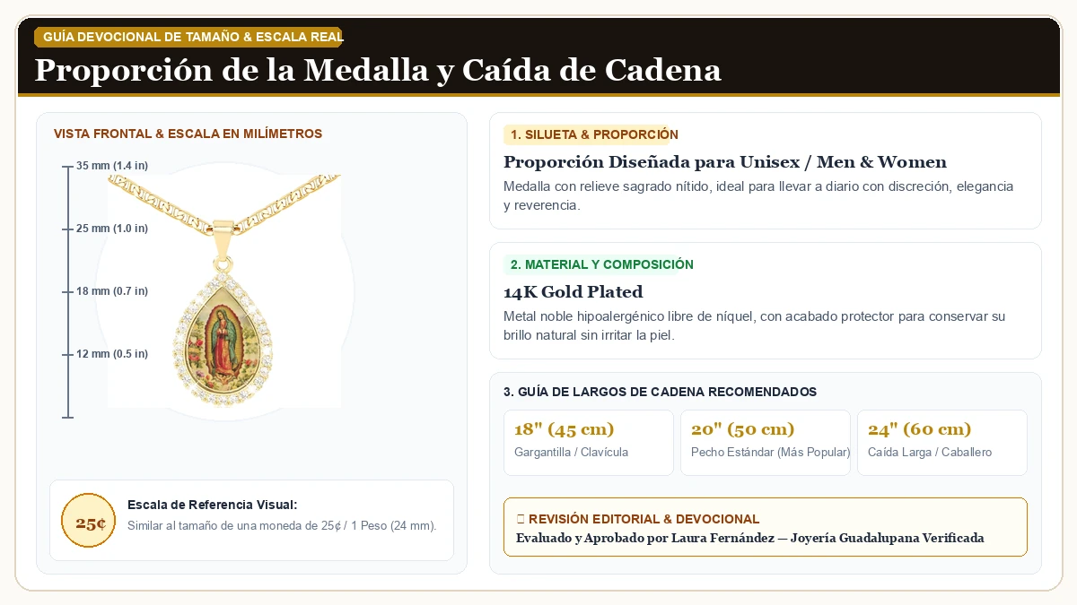 Infografía de escala y medidas en milímetros: J&H DiaJuvelo Virgen María Collar para Dama 14K Oro Plated Cadena en Chapa de Oro de 14K de Alta Calidad con guía de tamaño y largo de cadena
