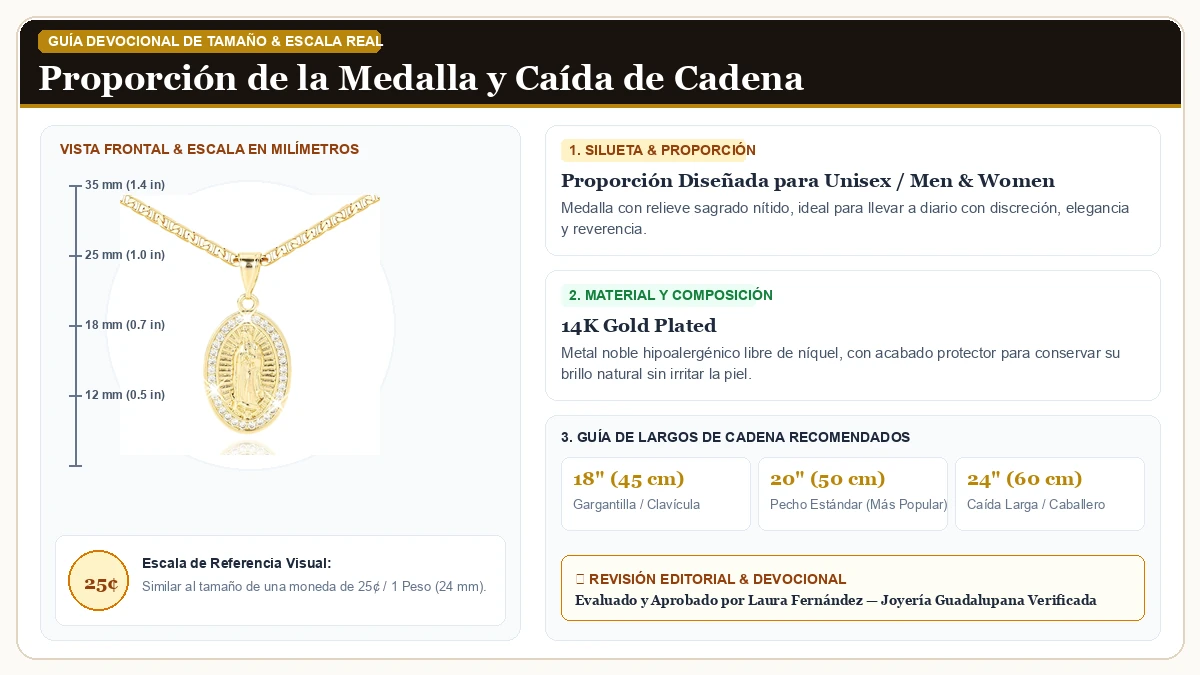 Infografía de escala y medidas en milímetros: J&H DiaJuvelo Virgen María Collar para Dama, 14K Oro Plated Relig en Chapa de Oro de 14K de Alta Calidad con guía de tamaño y largo de cadena