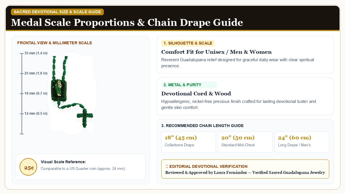 Size and millimeter scale measurement infographic: St Jude Our Lady of Guadalupe Virgin Mary Green Twine Braided Kno in Devotional Cord & Wood with chain drape guide