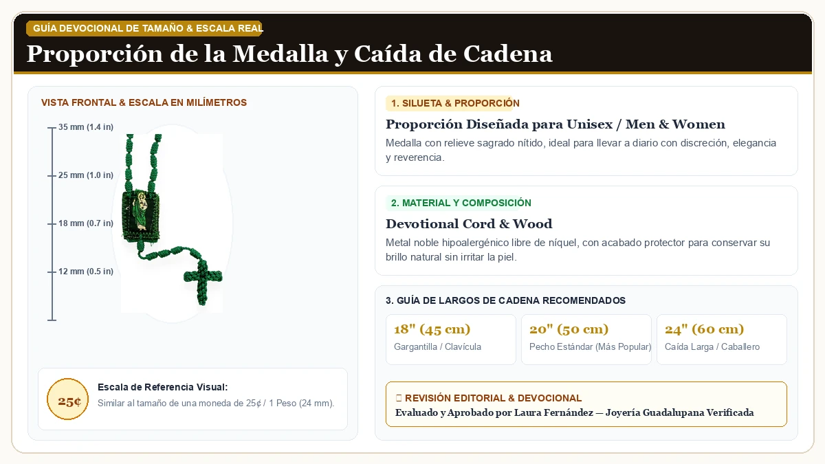 Infografía de escala y medidas en milímetros: St Jude Virgen de Guadalupe Virgen María Green Twine Braided Knot en Cordón Devocional y Madera Sagrada con guía de tamaño y largo de cadena