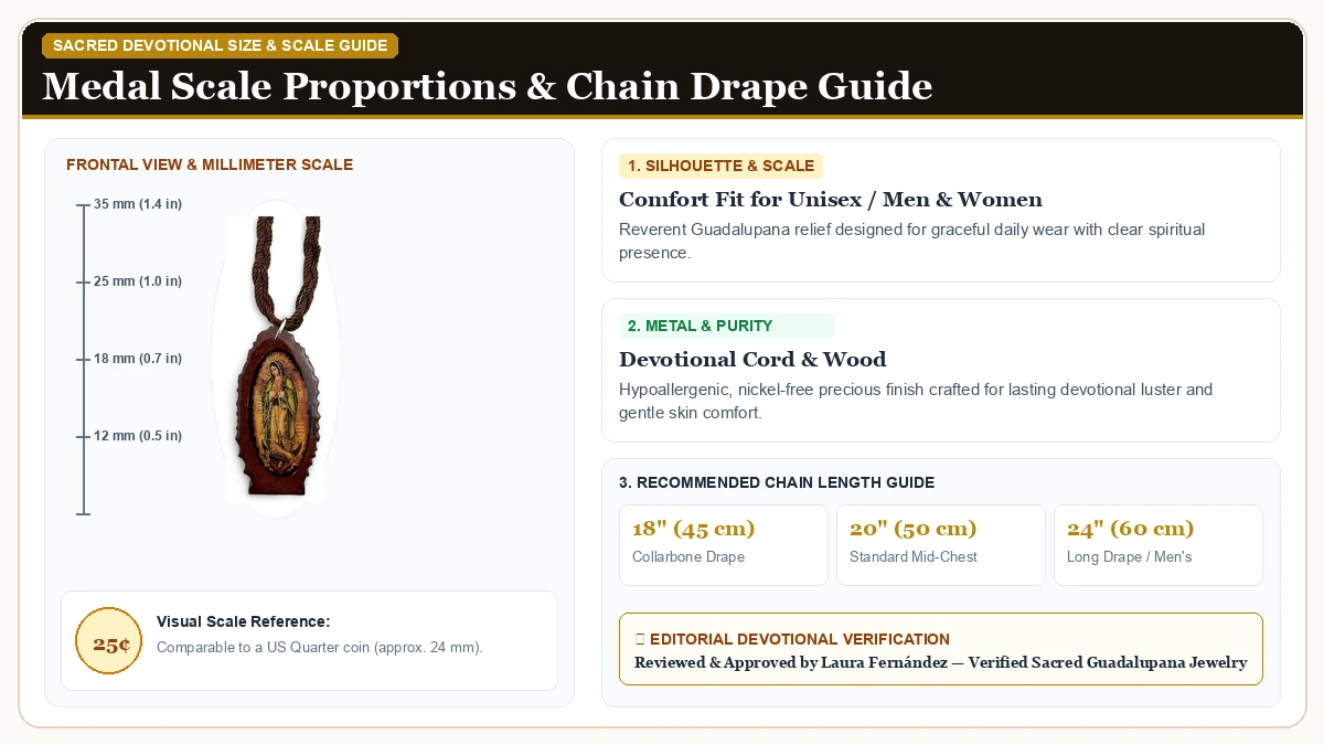 Size and millimeter scale measurement infographic: Our Lady of Guadalupe Virgin Mary Blessed Mother Brown Wood Woode in Devotional Cord & Wood with chain drape guide