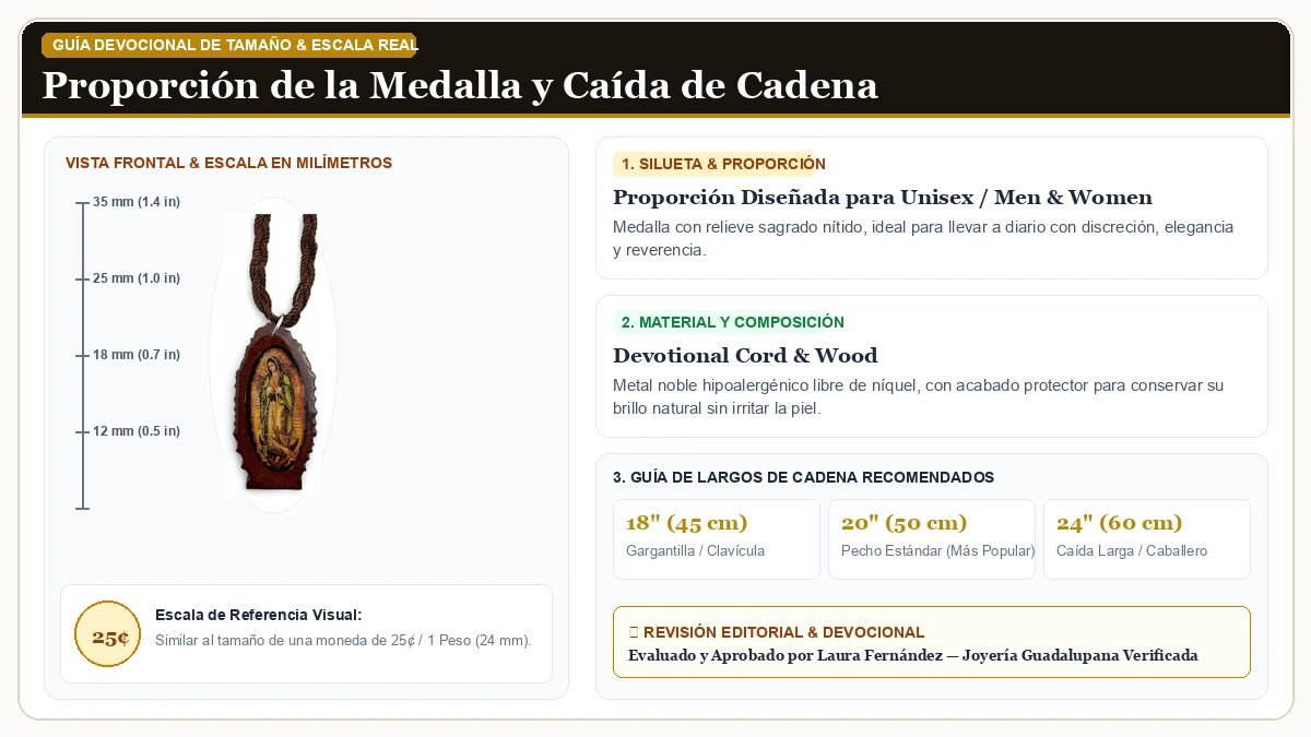 Infografía de escala y medidas en milímetros: Virgen de Guadalupe Virgen María Blessed Mother Brown Wood Wooden en Cordón Devocional y Madera Sagrada con guía de tamaño y largo de cadena