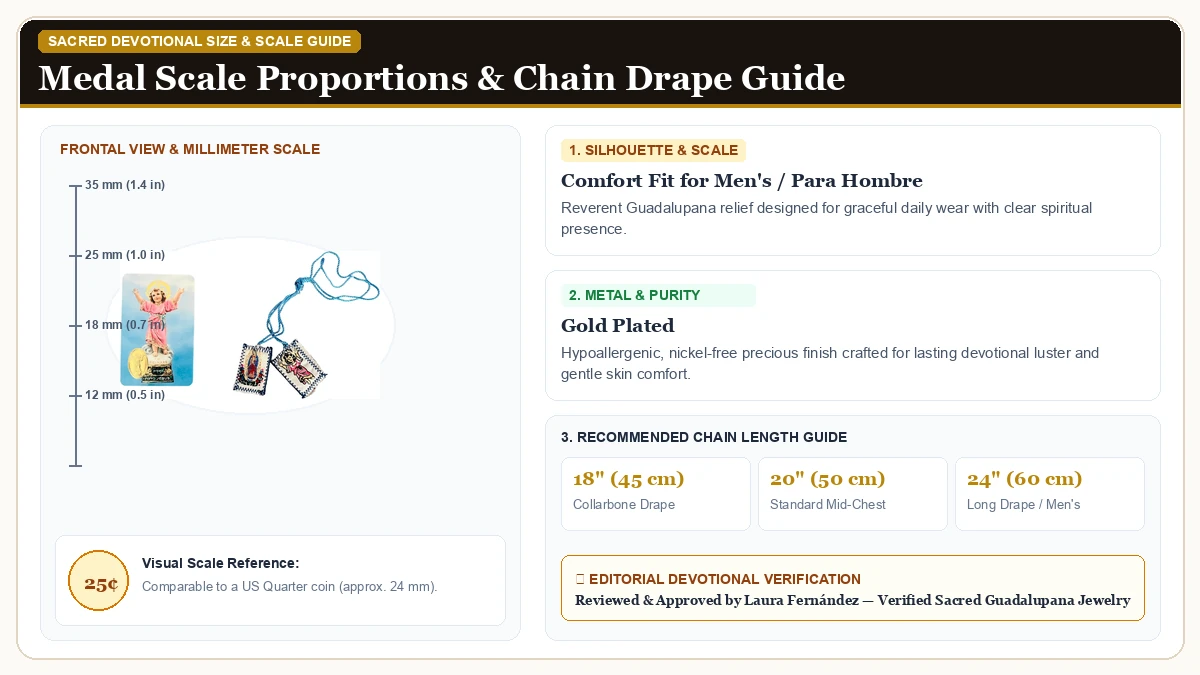 Size and millimeter scale measurement infographic: Set del Nino Divino: Scapular de Hilo Azul con Doble Imagen (Nino in Gold Plated Alloy with chain drape guide