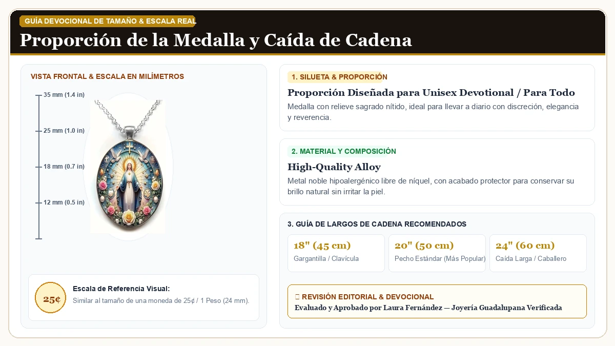 Infografía de escala y medidas en milímetros: Virgin Collar Virgen de Guadalupe Medalla Colgante con Colorful F en Aleación Metálica Resistente Libre de Níquel con guía de tamaño y largo de cadena