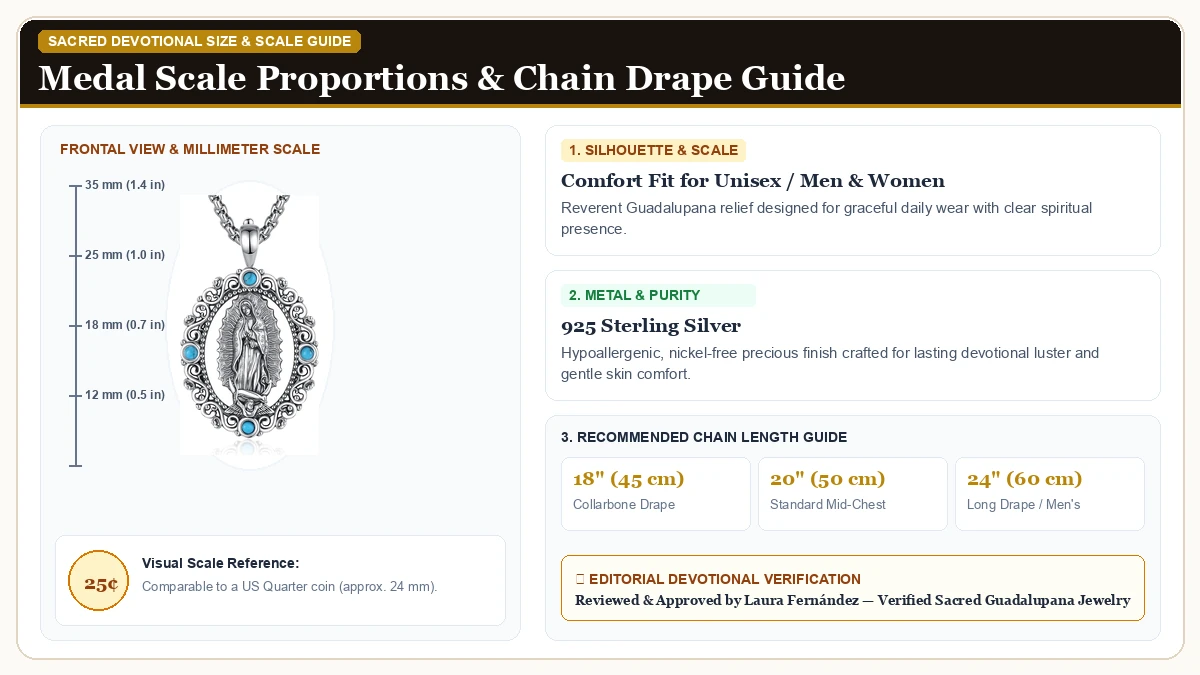 Size and millimeter scale measurement infographic: Vito 925 Sterling Silver Protection Necklace for Women Men, Patro in 925 Sterling Silver with chain drape guide