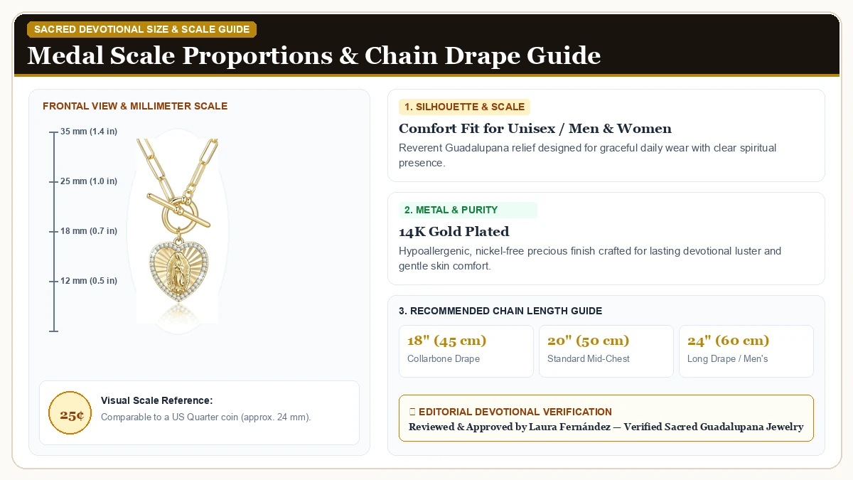 Size and millimeter scale measurement infographic: Women's Gold Virgin Mary Necklaces in 14K Gold Plated Brass with chain drape guide