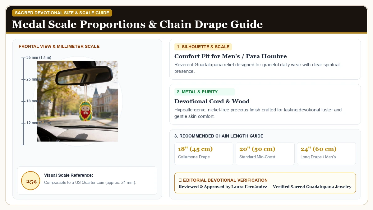 Size and millimeter scale measurement infographic: Our Lady of Guadalupe Ornament 2026, Our Lady of Guadalupe Croche in Devotional Cord & Wood with chain drape guide