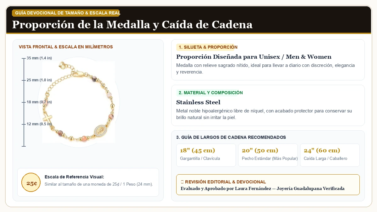 Infografía de escala y medidas en milímetros: Oro Rosary Brazalete para Dama Virgen María Jesus Cross Charm Lin en Acero Quirúrgico Inoxidable 316L con guía de tamaño y largo de cadena