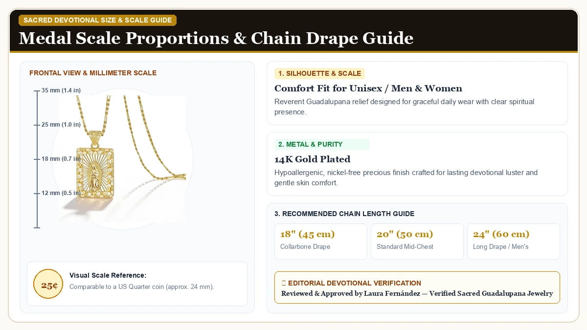 Size and millimeter scale measurement infographic: Women's Gold Virgin Mary Necklace in 14K Gold Plated Brass with chain drape guide