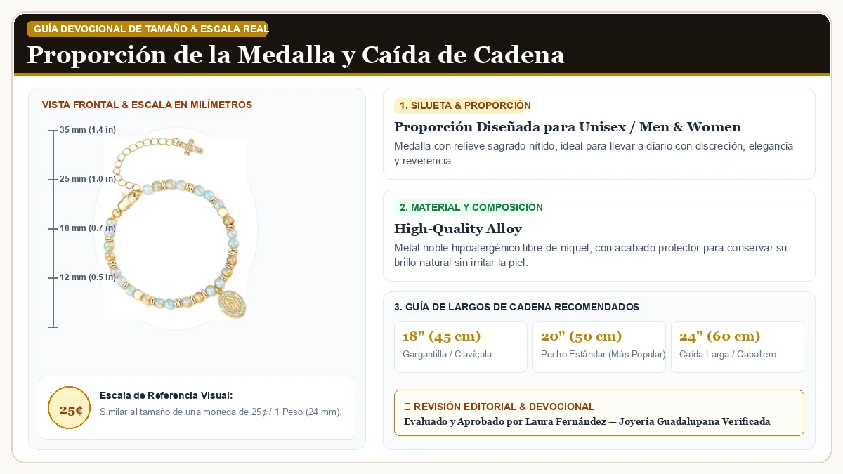 Infografía de escala y medidas en milímetros: Oro Virgen María Brazalete para Dama,Católico Brazalete con Virge en Aleación Metálica Resistente Libre de Níquel con guía de tamaño y largo de cadena