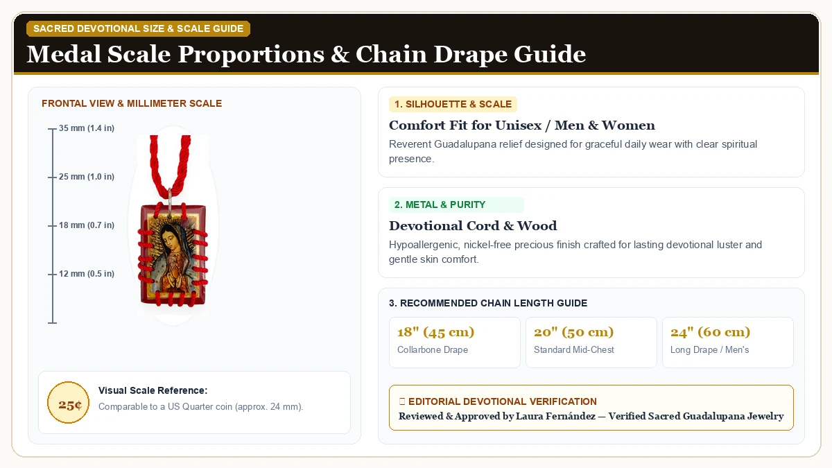 Size and millimeter scale measurement infographic: Our Lady of Guadalupe Virgin Mary Blessed Mother Red Wood Wooden  in Devotional Cord & Wood with chain drape guide