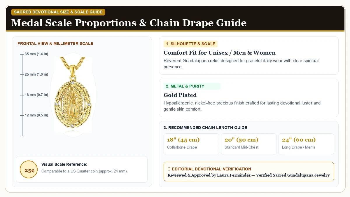 Size and millimeter scale measurement infographic: INFUSEU Catholic Protection Faith Necklace Collection, Virgin Mar in Gold Plated Alloy with chain drape guide