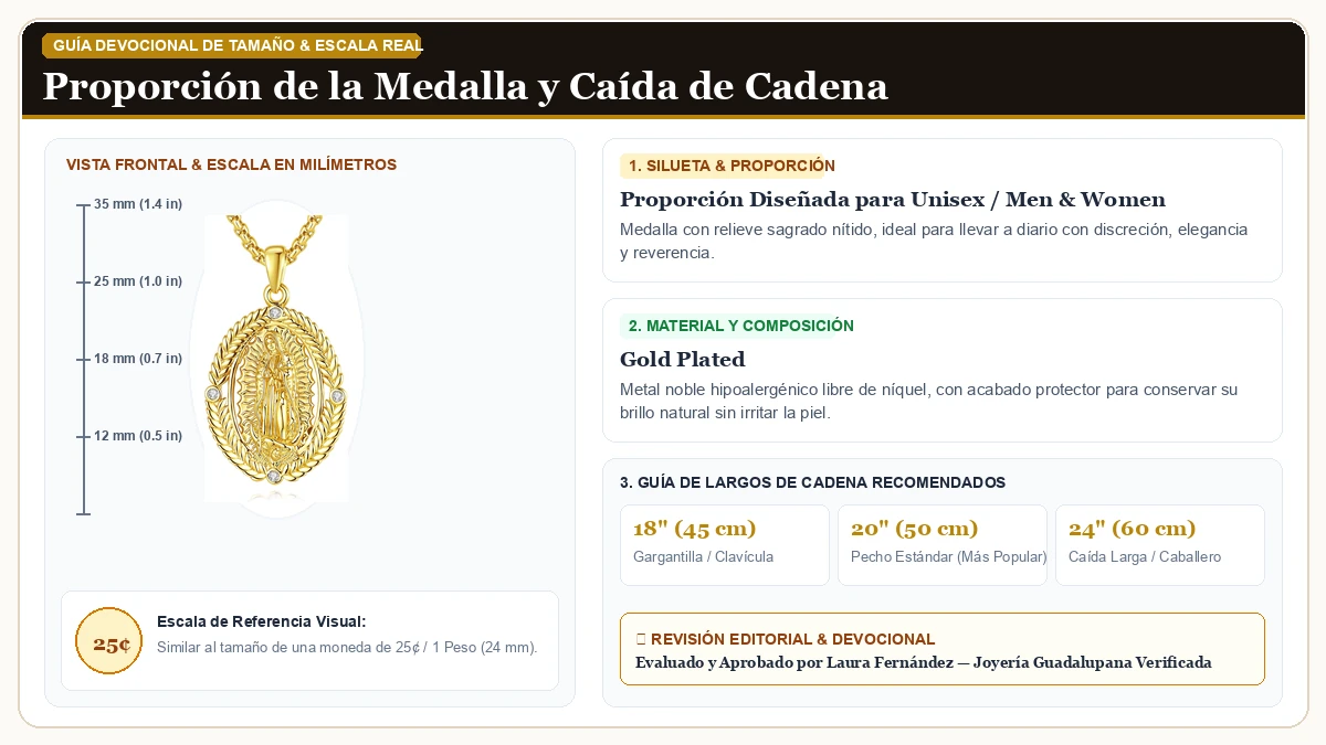 Infografía de escala y medidas en milímetros: INFUSEU Católico Protección Faith Collar Collection, Virgen María en Chapa de Oro Duradera con guía de tamaño y largo de cadena