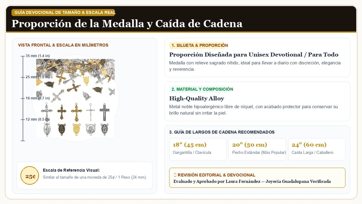 Infografía de escala y medidas en milímetros: 70Pcs Virgen María Charms for Easter Alloy Religioso Cross Pendan en Aleación Metálica Resistente Libre de Níquel con guía de tamaño y largo de cadena