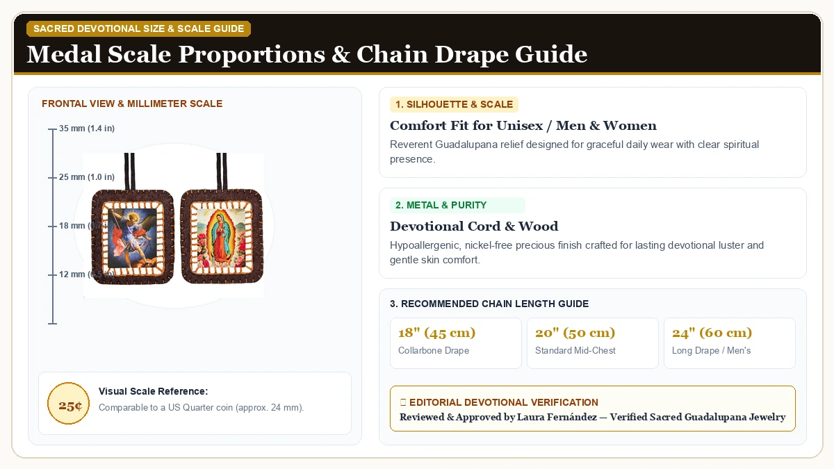 Size and millimeter scale measurement infographic: Scapulars Catholic Our Lady of Mt Carmel and Sacred Heart of Jesu in Devotional Cord & Wood with chain drape guide