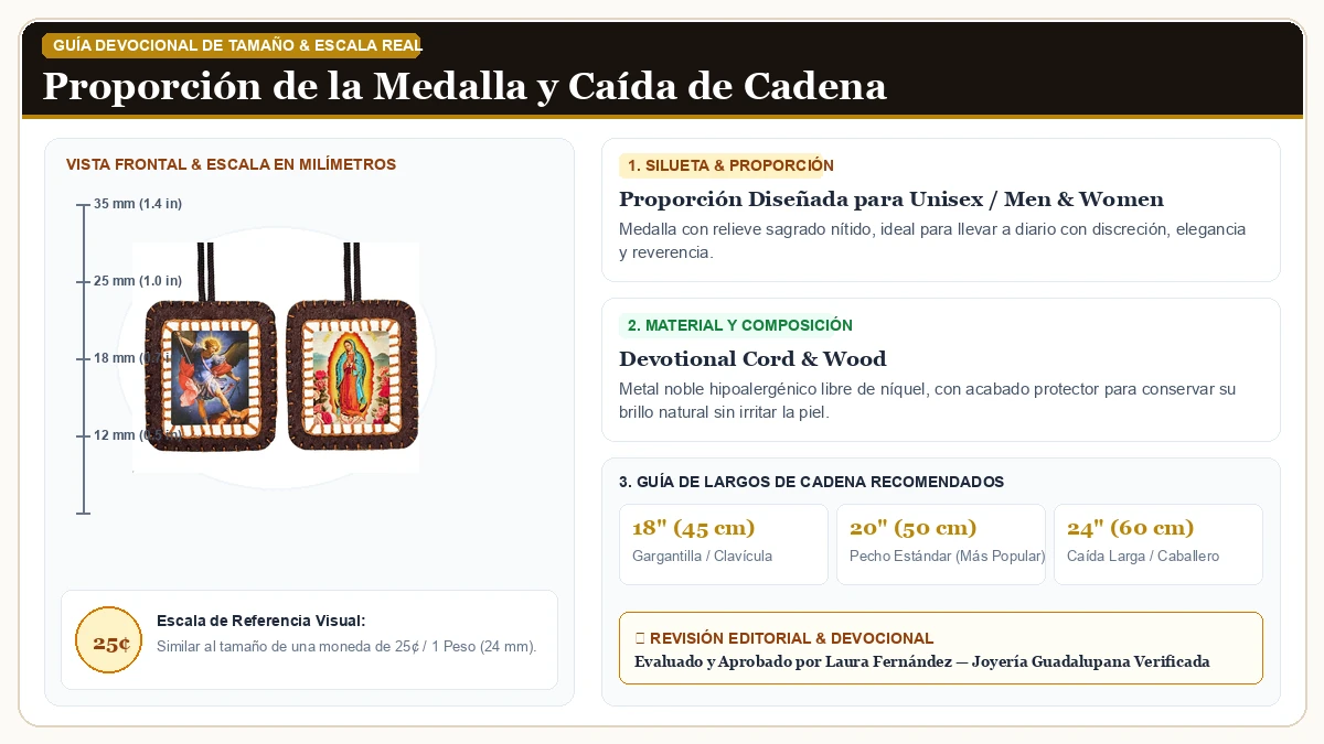 Infografía de escala y medidas en milímetros: Scapulars Católico Our Lady of Mt Carmel y Sacred Heart of Jesus en Cordón Devocional y Madera Sagrada con guía de tamaño y largo de cadena