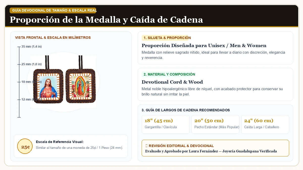 Infografía de escala y medidas en milímetros: Scapulars Católico Virgen de Guadalupe y Sacred Heart of Jesus en Cordón Devocional y Madera Sagrada con guía de tamaño y largo de cadena