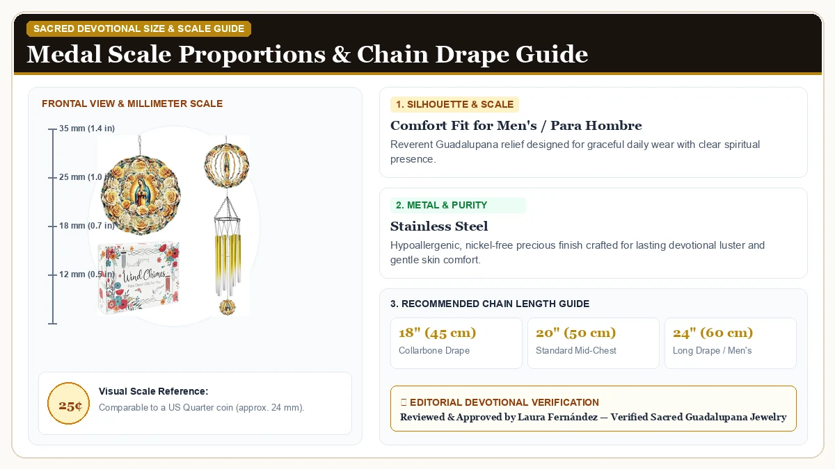 Size and millimeter scale measurement infographic: Wind Chimes with Virgin Mary Wind Spinner, Religious Decor Gift,  in 316L Stainless Steel with chain drape guide