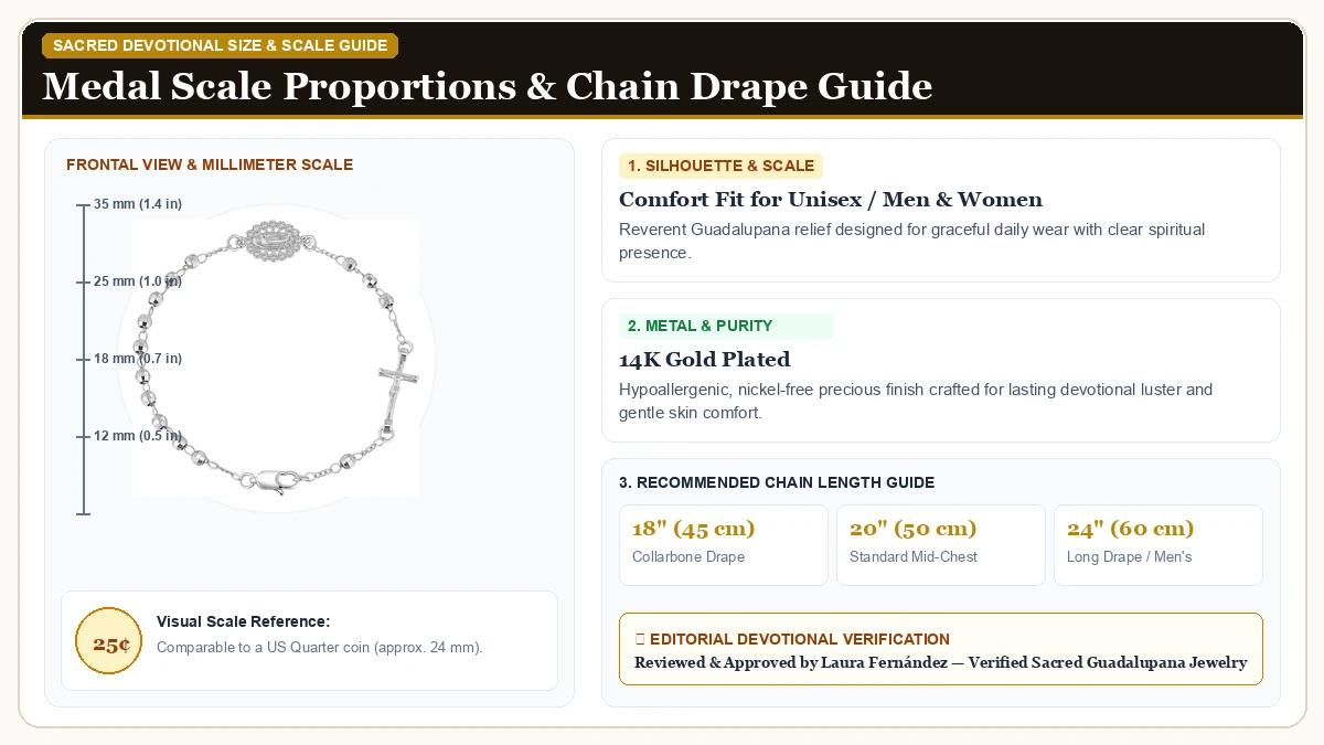 Size and millimeter scale measurement infographic: Catholic Crucifix Gifts Rosary Bracelet for Women in 14K Gold Plated Brass with chain drape guide