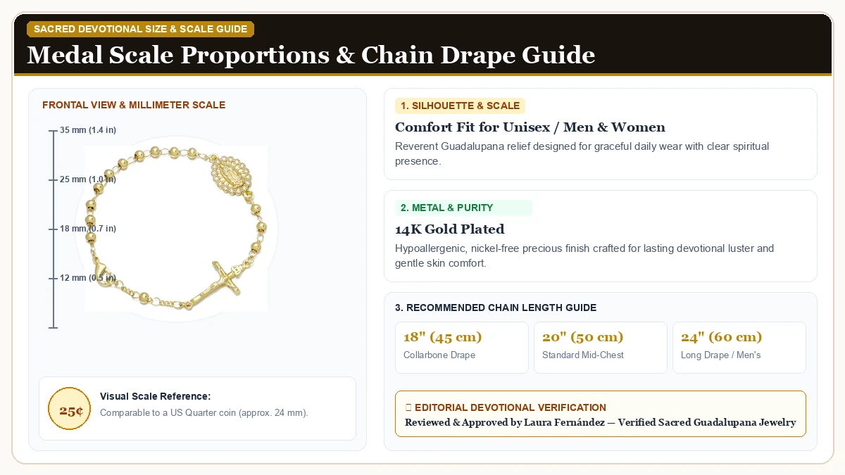 Size and millimeter scale measurement infographic: KOMI Our Lady of Guadalupe Bracelet for Women 14K Gold Plated Jes in 14K Gold Plated Brass with chain drape guide