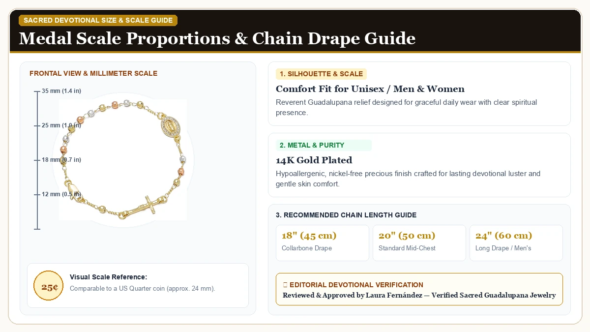 Size and millimeter scale measurement infographic: KOMI Virgin Mary Jesus Cross Bracelet for Women 14K Gold Plated R in 14K Gold Plated Brass with chain drape guide