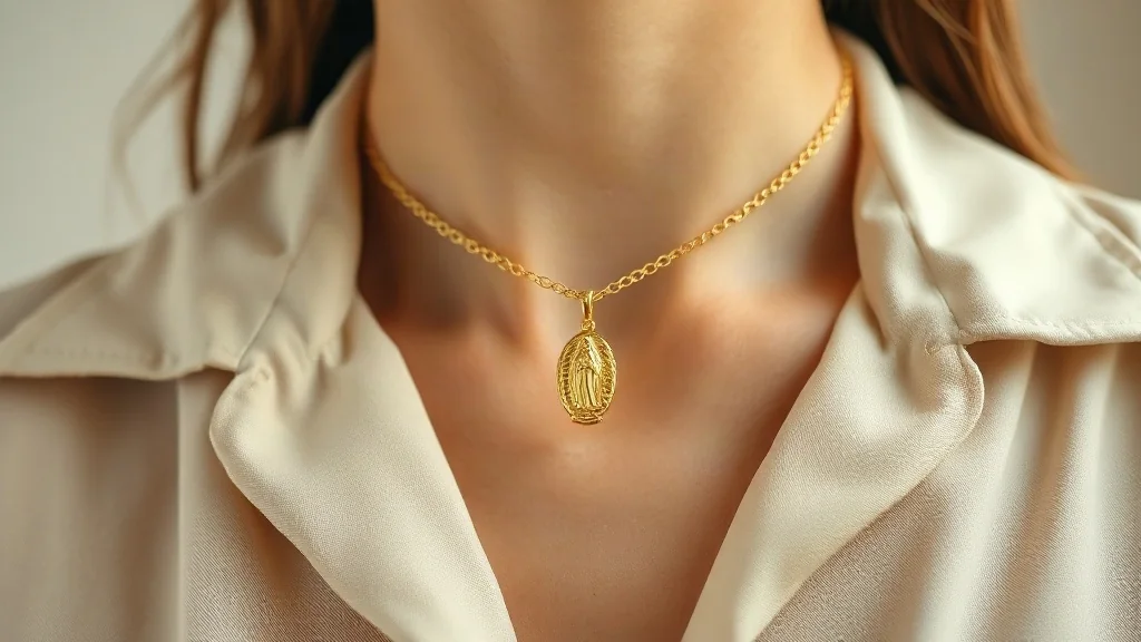 Collar de oro de 14k con medalla de la Virgen de Guadalupe sobre vestimenta elegante
