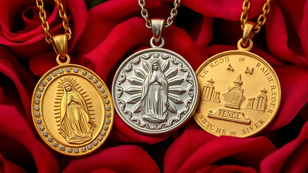 Colección de medallas de la Virgen de Guadalupe en oro 14K y plata 925 sobre pétalos de rosa